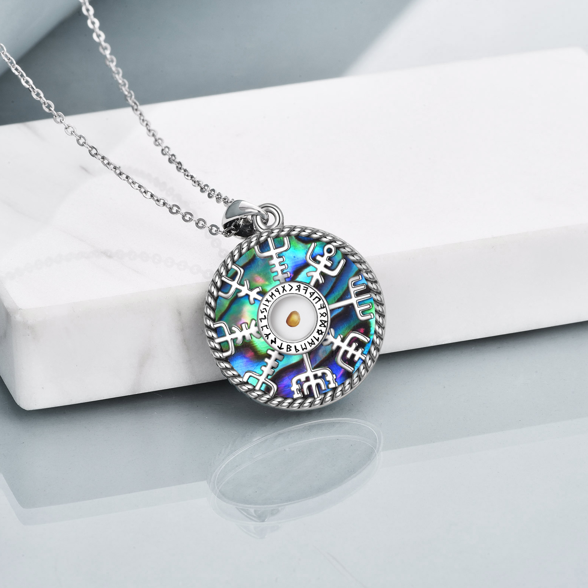 Women's 925 Sterling Silver Viking Necklace with Abalone Shell